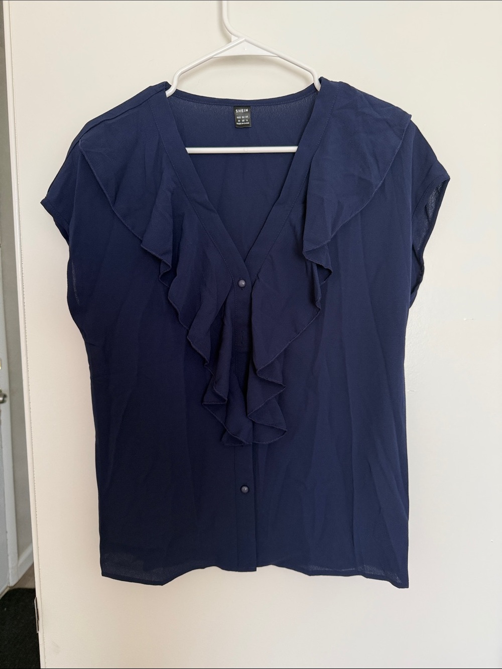 Navy Ruffle V-Neck Cap Sleeve Blouse